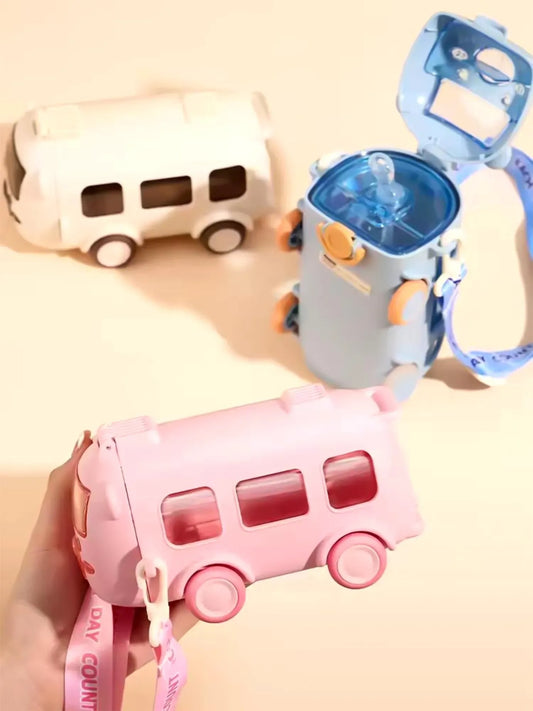 School Bus Design Kids Water Bottle With Strap– 600ml ABS Plastic Leak-Proof Bottle Small Square Drinking Cup – Fun &amp; Durable Water Bottle for Children (Random Color)
