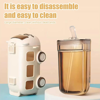 School Bus Design Kids Water Bottle With Strap– 600ml ABS Plastic Leak-Proof Bottle Small Square Drinking Cup – Fun &amp; Durable Water Bottle for Children (Random Color)